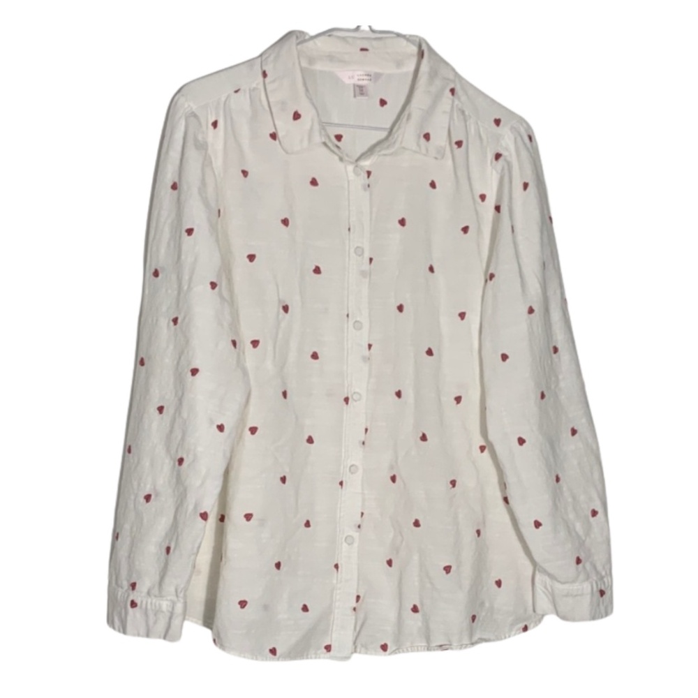Lauren Conrad Ivory Red Hearts Blouse Women 1X Embroidered Romantic Feminine